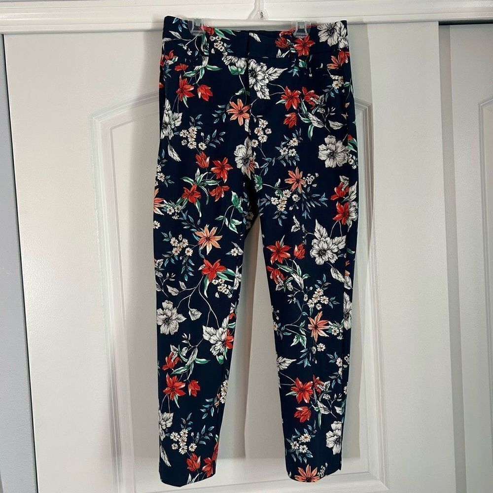 Roz and Ali Floral Cotton Navy Straight Leg Ankle Pants